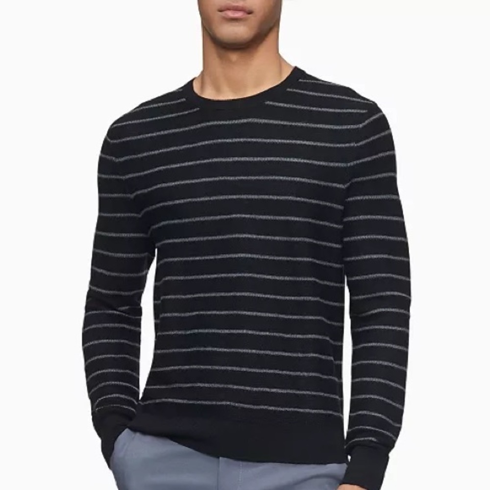 Calvin Klein Men's Black and Gray Striped Crewneck Sweater